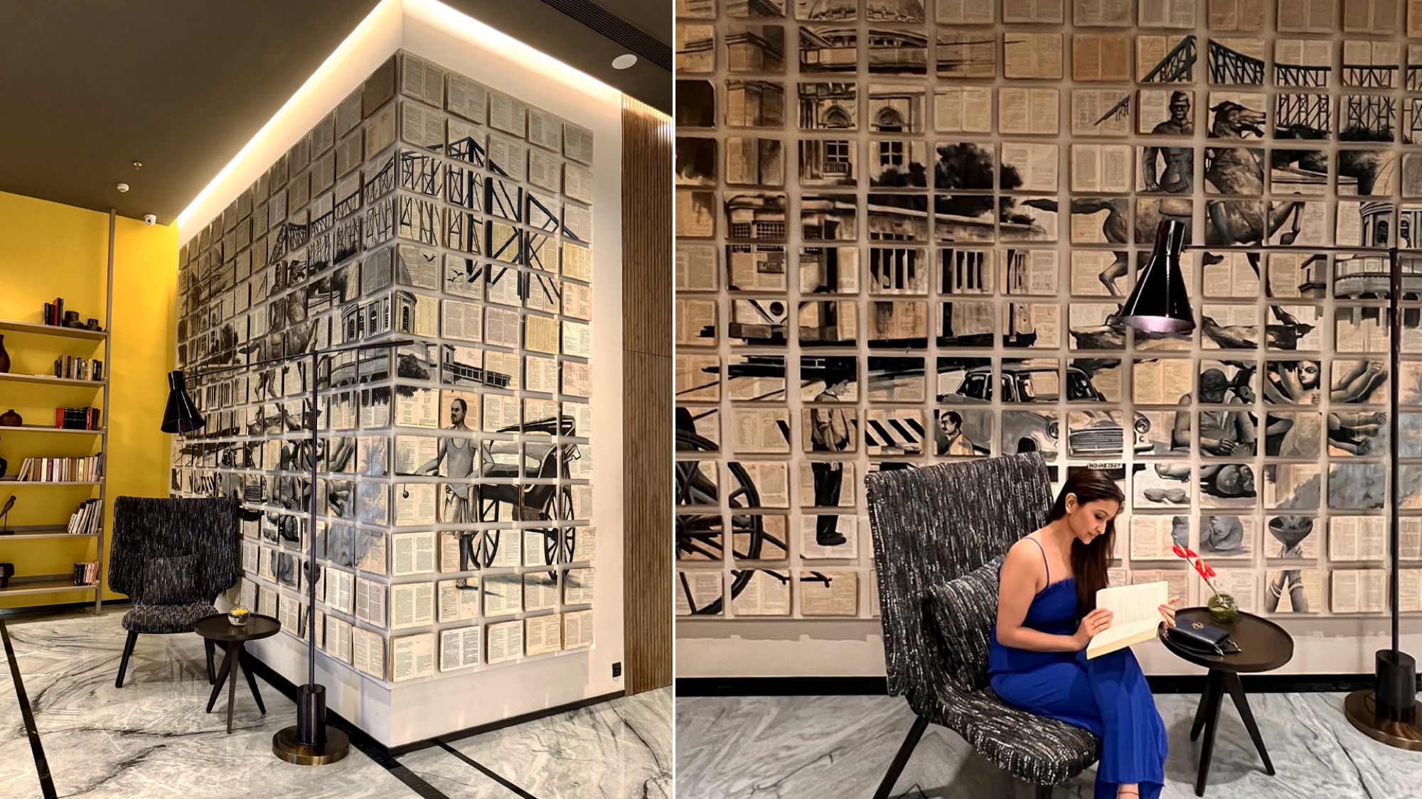 A book-page mural wall in a Kolkata lobby