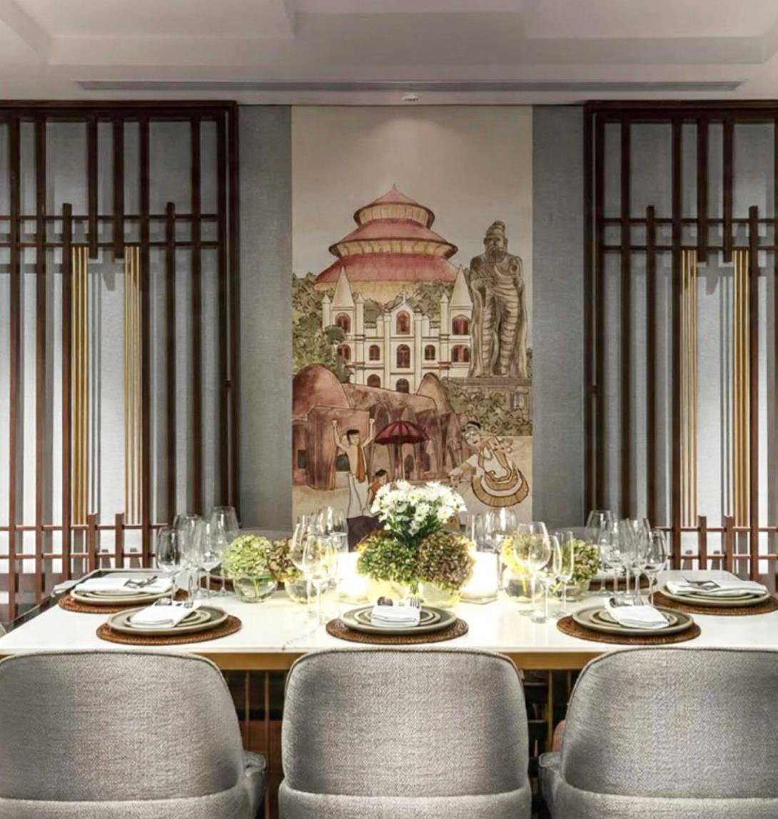 A hotel public space featuring work by The Artemist